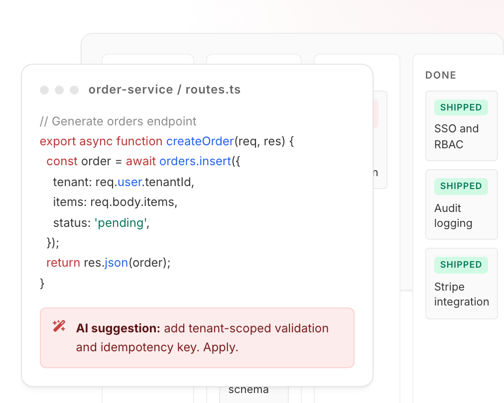 Kanban board with AI-assisted code suggestions showing SSW's enterprise delivery workflow
